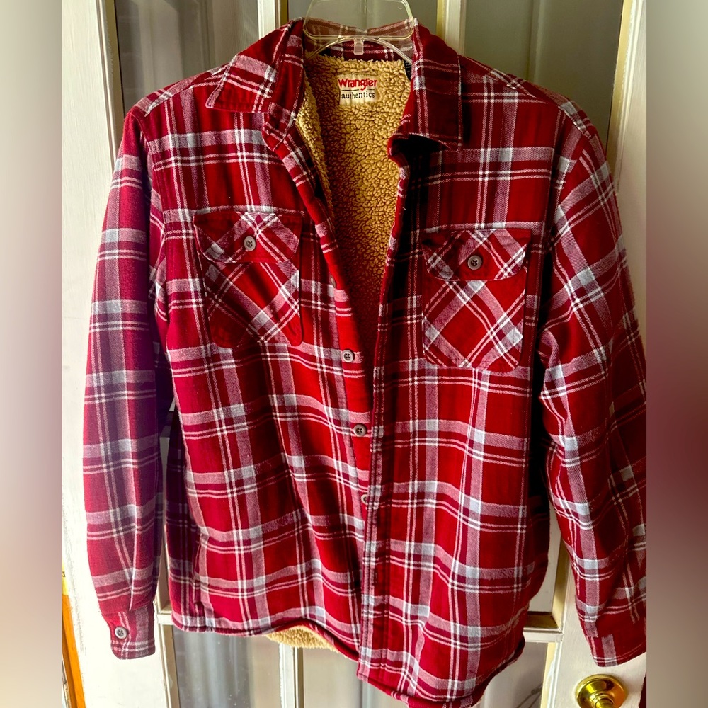 Wrangler Authentics Men's Long Sleeve Sherpa Lined Shirt Jacket Red Medium
